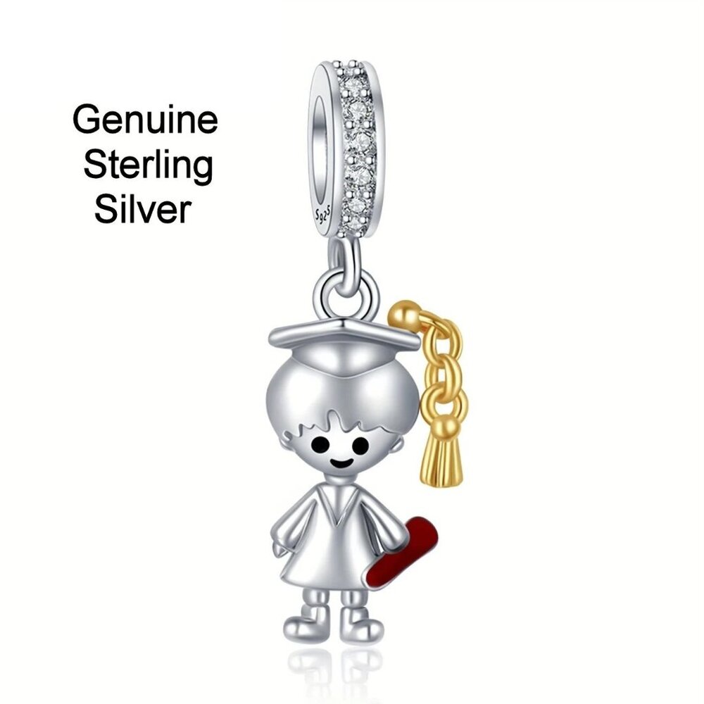 Sterling Silver Graduation Charm Boy Graduate with Cap and Gown Dangle